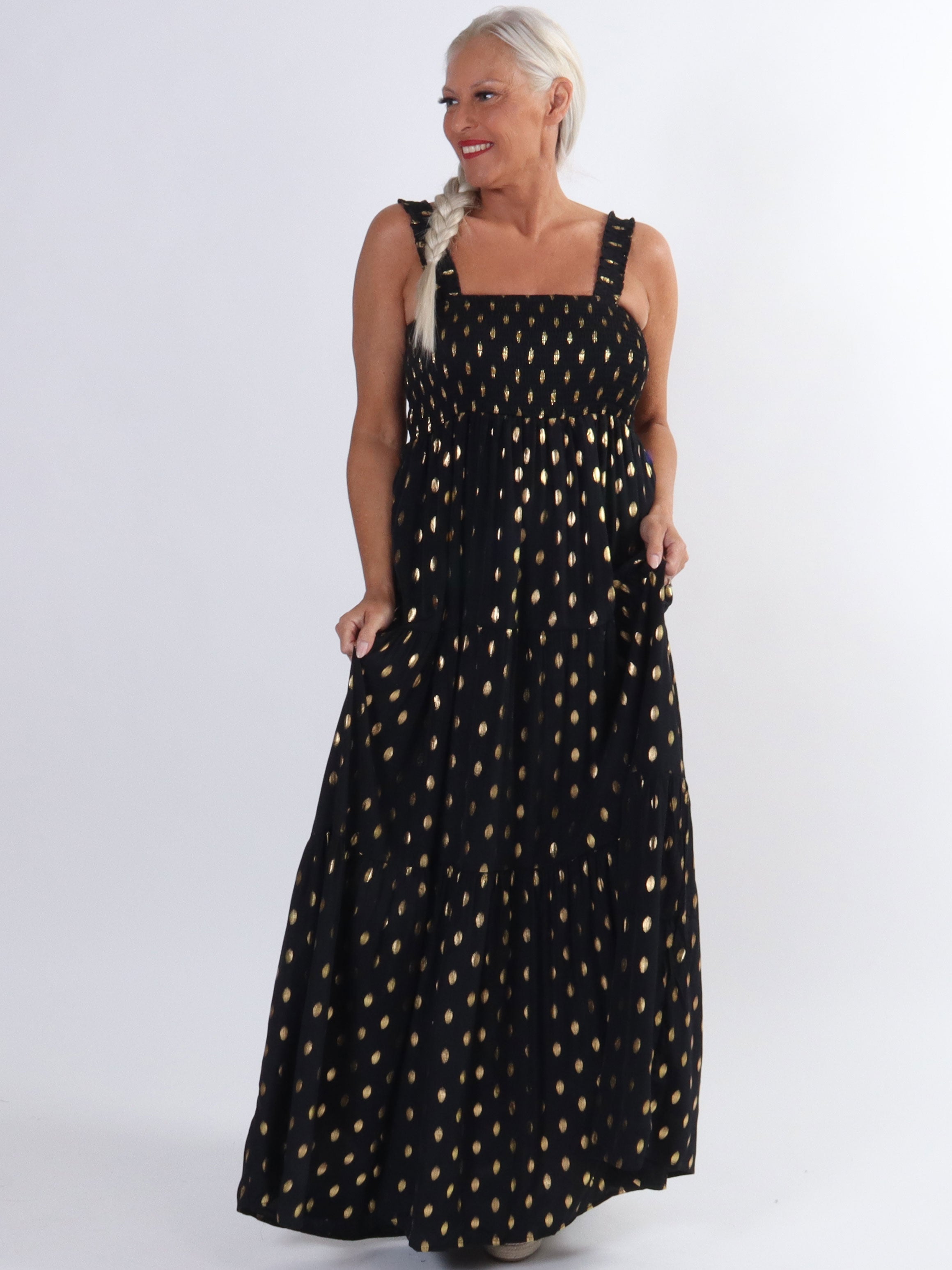 Emma - Lang kjole med smock henover brystet og guld detaljer